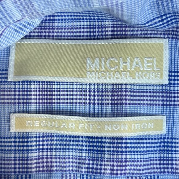 Michael Kors Button Down Shirt Mens 18 34/35 Blue Regular Fit Non Iron Plaid - Picture 6 of 7